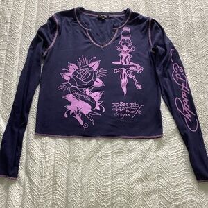 Rare Ed Hardy Rose Graphic Top Thermal Long Sleeve XL